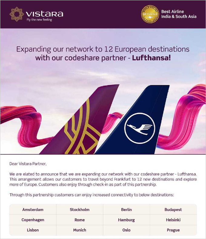 Vistara Expands Codeshare with Lufthansa to 12 European destinations